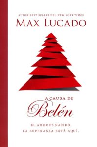 Cover of the book, "A causa de Belen" featuring a red Christmas tree.